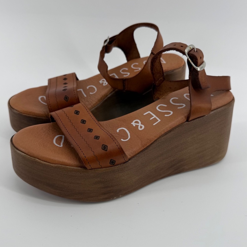 Musse & Cloud Brown Leather Platform Wedge Sandals EU 37 Wood Look Strappy Boho